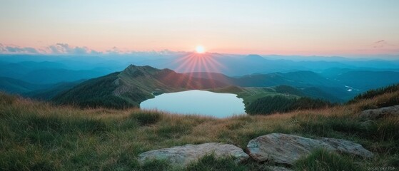 Wall Mural - Serene Sunset Over Mountain Lake Landscape