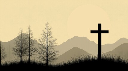 Wall Mural - Silhouette Cross Against Mountain Landscape at Sunset