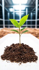 Wall Mural - Small Green Sprout Emerging from Dark Soil in a Bright Indoor Setting