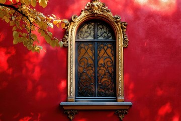 Wall Mural - Elaborate window with golden frame against a red wall