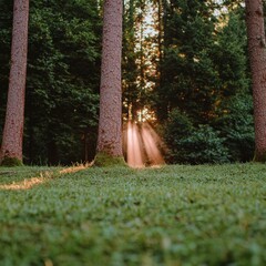 Wall Mural - Sunbeams Through Forest Trees on Green Grass