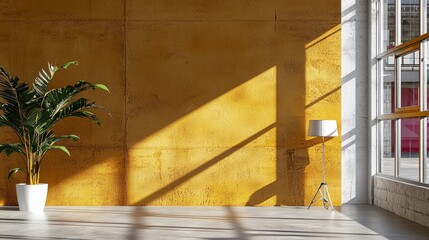 Wall Mural - Sunlight Illuminates Minimalist Room with Yellow Wall and Plant