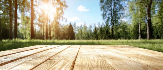 Wall Mural - Sunny Summer Day in a Lush Green Forest with Wooden Planks in the Foreground