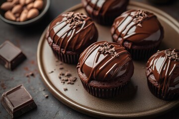 Wall Mural - Delicious chocolate cupcakes topping with chocolate ganache and grated chocolate pieces are waiting to be eaten