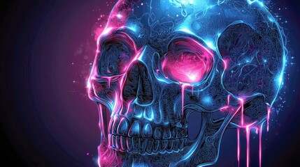 Wall Mural - neon skull: an intricate, glowing digital art. explore themes of death, mortality, and the ethereal.