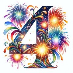 Number Four Fireworks Celebration: A vibrant and festive illustration of the number four, beautifully adorned with exploding fireworks in a dazzling array of colors.