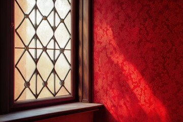 Wall Mural - Diamond patterned window with sunlight on a red wall