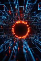 Wall Mural - abstract digital tunnel with glowing neon lines and circle.