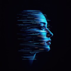 Wall Mural - abstract profile portrait of a woman's face, composed of streaks of light, suggesting digital transf