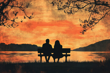 Wall Mural - Silhouetted couple sitting on a bench by a tranquil lake, watching a vibrant sunset through silhouetted trees, conveying a sense of peace and romance.