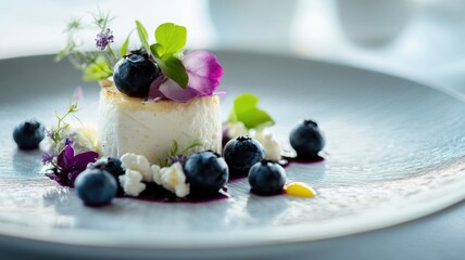 Wall Mural - Elegant dessert with blueberries, cheesecake, and edible flowers on white plate