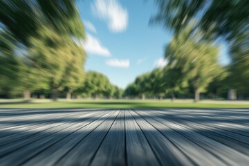 Wall Mural - Park pathway, blurred trees, summer day, wood planks, motion effect