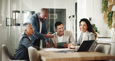 Aufkleber - Video call, group and talking with team, boardroom and discussion for expansion of business or corporate. Happy, virtual conference and people with laptop for meeting, smile and account manager