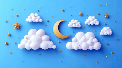 Wall Mural - dreamy night sky: golden moon, fluffy clouds, and sparkling stars. a serene celestial scene, perfect
