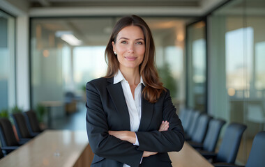 Wall Mural - Portrait of a professional woman in a suit standing in a modern office.Business woman looking at the camera in a workplace meeting area.	