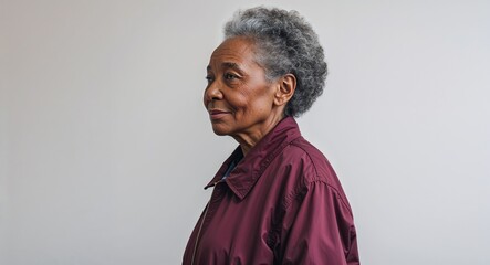 Canvas Print - Black African elderly woman maroon jacket side view portrait on plain white background