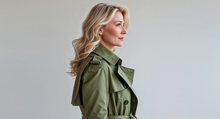 Canvas Print - Blonde woman olive green trench coat middle age side view portrait on plain white background