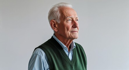 Canvas Print - Caucasian elderly man dark green vest side view portrait on plain white background