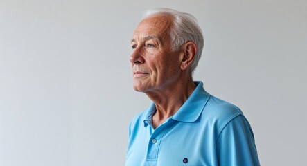 Canvas Print - Caucasian elderly man light blue polo shirt side view portrait on plain white background