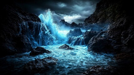 Poster - Indigo waves crash through misty rocks ocean view landscape photography dramatic environment close-up perspective