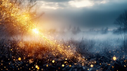 Aufkleber - Golden light burst through misty landscape nature scene magical atmosphere dramatic viewpoint