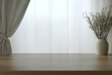 Wall Mural - Minimalist interior design featuring a vase and natural light streaming through sheer curtains