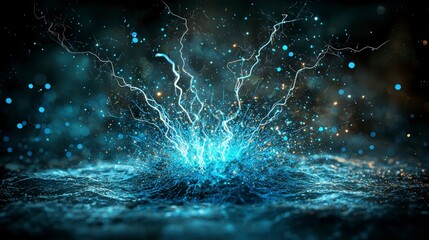 Poster - Dynamic water splash with electric sparks abstract setting digital art vibrant atmosphere close-up view energy concept
