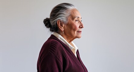 Canvas Print - Hispanic elderly woman dark maroon cardigan side view portrait on plain white background