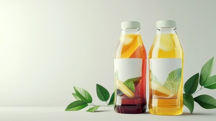 Wall Mural - Iced tea bottles, fruit slices, leaves, white background; beverage packaging mockup