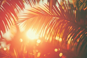 tropical sunset palm leaves backlit bokeh background