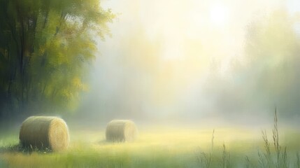 Wall Mural - Golden hay bales in a sunlit field, serene landscape painting of rural warmth golden