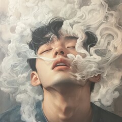 Aufkleber - Captivating portrait of a dreamy young man amidst ethereal smoke studio fine art close-up serenity