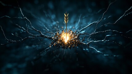 Poster - Wavering arrow of light pierces splintered darkness digital art abstract mystical close-up conceptual impact