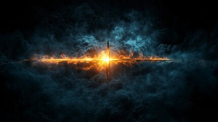 Fototapete - Glowing abstract arrow piercing through dense mist digital art mystical environment dramatic viewpoint