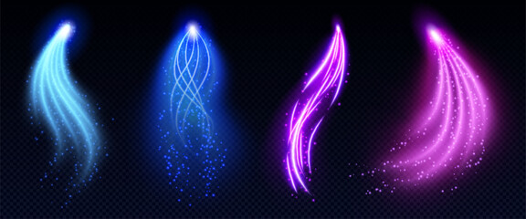 Wall Mural - magic glowing light arrows set with sparkling particles - neon luminous curved lines in blue, purple