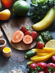 Wall Mural - Variety of fresh fruits and vegetables on cutting board, including bananas, strawberries, lemons, oranges, cucumbers, and limes.