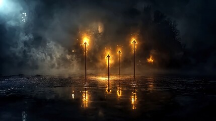 Aufkleber - Glowing abstract arrow forms illuminating misty landscape digital art creation ethereal environment dynamic view