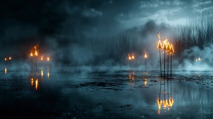 Fototapete - Glowing abstract arrow forms emerge from misty landscape at night ethereal art atmospheric viewpoint