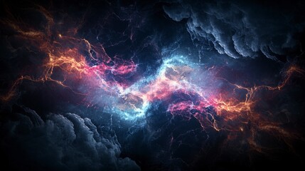 Aufkleber - Dynamic abstract luminous lines breaking across cosmic clouds digital art dark environment vivid viewpoint