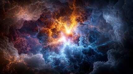 Fototapete - Dynamic burst of colorful light in dark clouds abstract art digital design artistic environment dramatic viewpoint