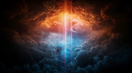 Fototapete - Surreal cloud formation with abstract vertical lines cosmic atmosphere digital art vivid colors dramatic perspective