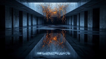 Aufkleber - Low-angle surreal digital art dark currents in abandoned architecture and mysterious urban atmosphere