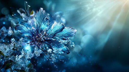 Poster - Dark blue bursts illuminate floral depths abstract art serene environment close-up viewpoint mind exploration
