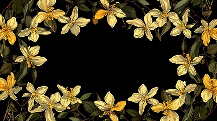 Wall Mural - Floral wreath of white & yellow blossoms with dark stems on plain background