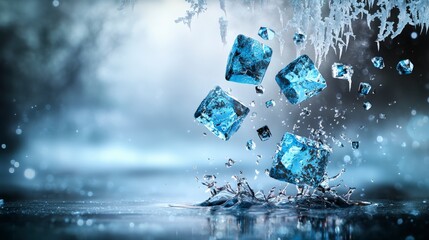 Fototapete - Surreal ice fragments splashing into water frozen lake digital artwork winter scene close-up abstract concept