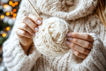 A cozy scene featuring a person in a chunky knit sweater, crafting a yarn ball with knitting needles, with a softly lit background creating a warm atmosphere.