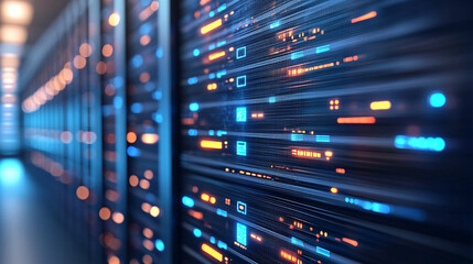 Futuristic server room with 3D storage technology, symbolizing digital advancement, data security, and innovation. Bright modern tone with blurred empty space, ideal for technology concepts and backgr