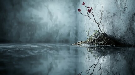 Poster - Serene viewpoint vibrant blossoms emerging from abandoned earth in artistic reflection