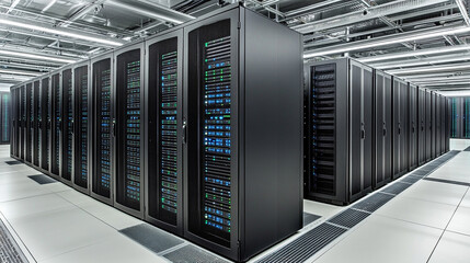 Futuristic server room with 3D storage technology, symbolizing digital advancement, data security, and innovation. Bright modern tone with blurred empty space, ideal for technology concepts and backgr