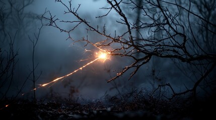 Poster - Mystical light beams cutting through foggy woods at dusk nature photography enigmatic atmosphere captivating view